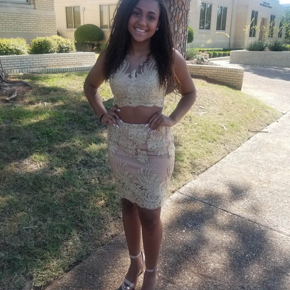 TERANI COUTURE METALLIC LACE TWO PIECE DRESS